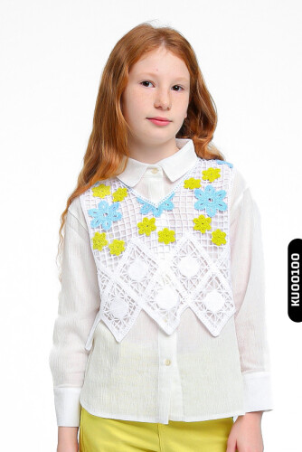 Ajurlu Polo Yakalı Düğmeli Kız Çocuk Gömlek 5-14 Yaş 35777 - 1