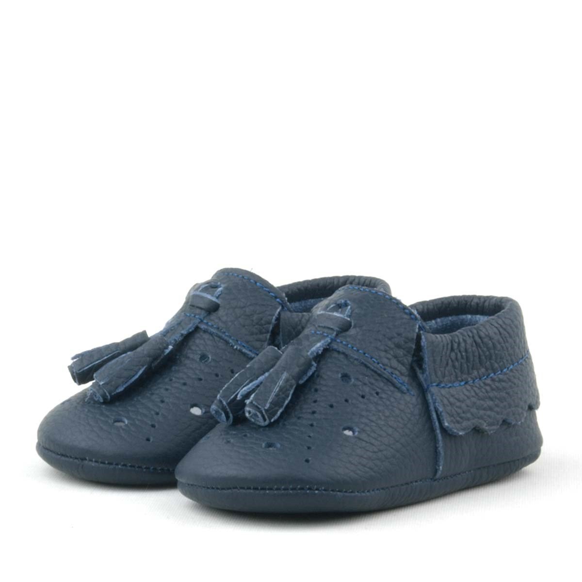 Peppa Hakiki Deri Lacivert Püsküllü Lastikli Bebek Patik - 4