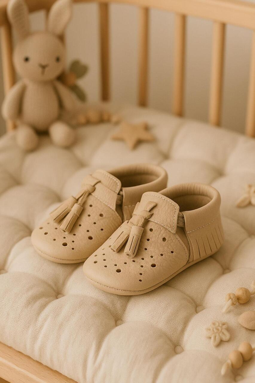 Peppa Genuine Leather Sand Color Tasseled Elastic Baby Booties - 1
