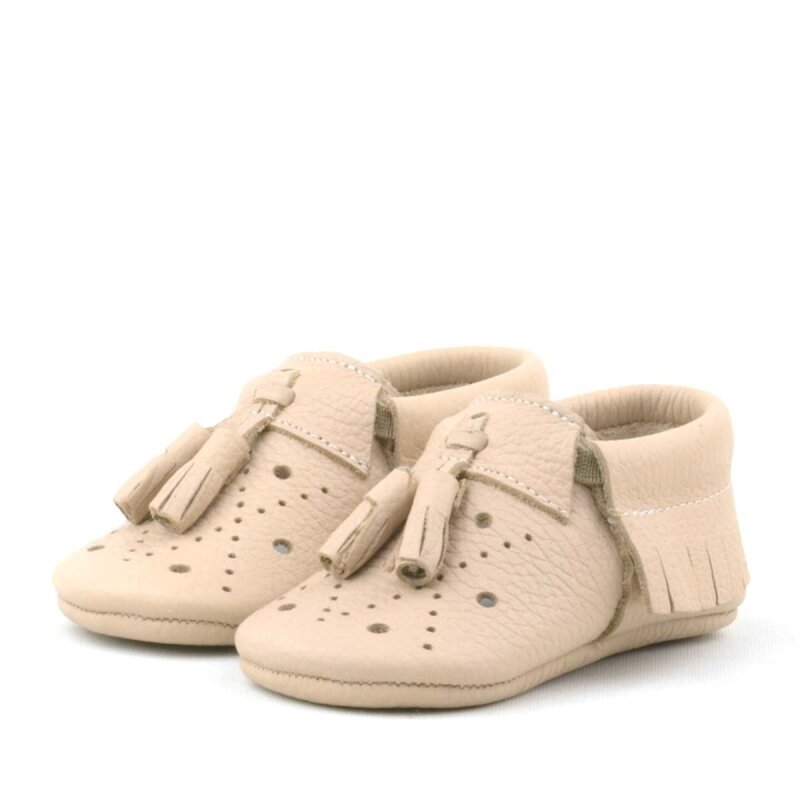 Peppa Genuine Leather Sand Color Tasseled Elastic Baby Booties - 4