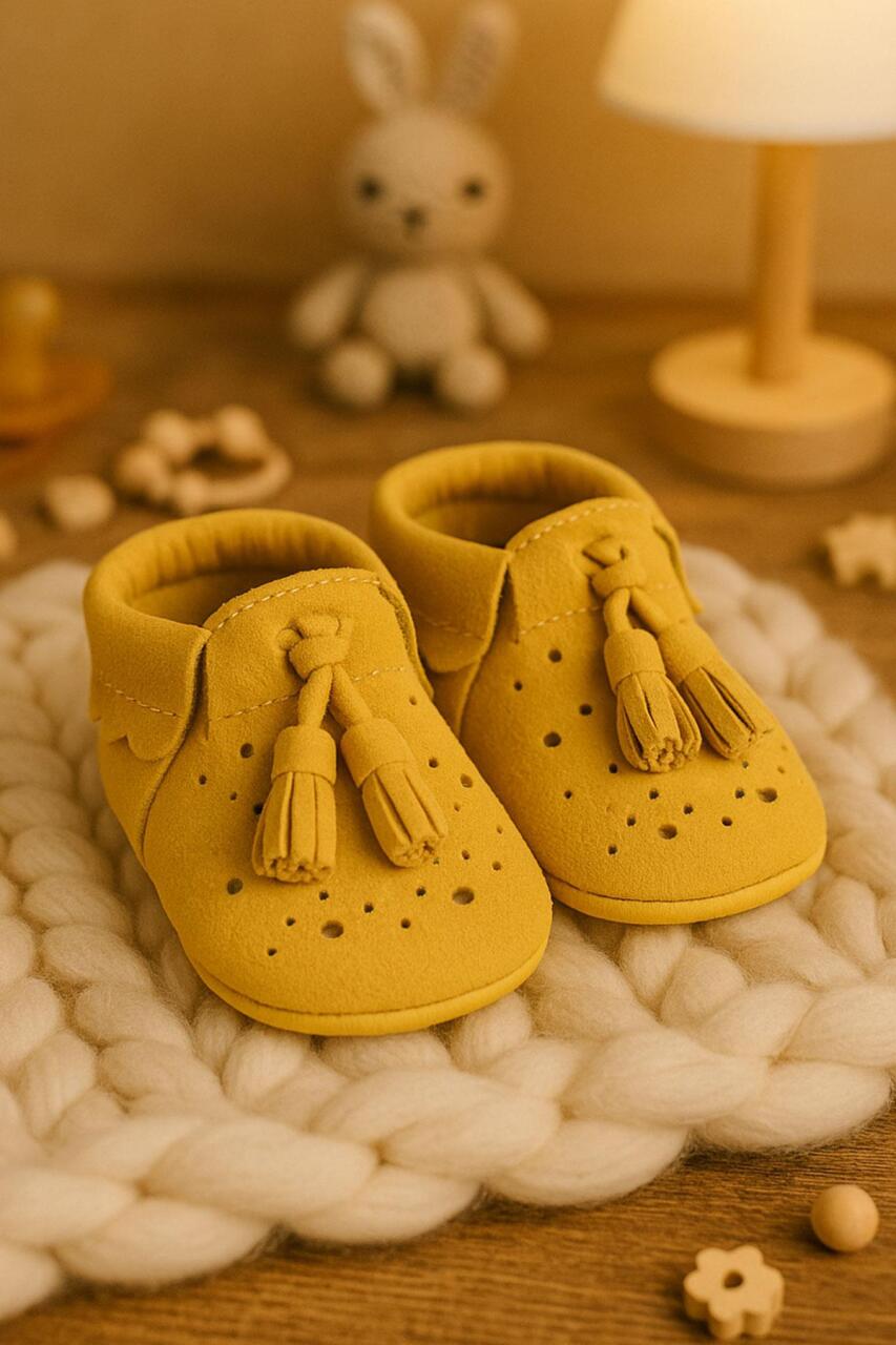 Peppa Genuine Leather Yellow Tasseled Elastic Baby Booties - 2