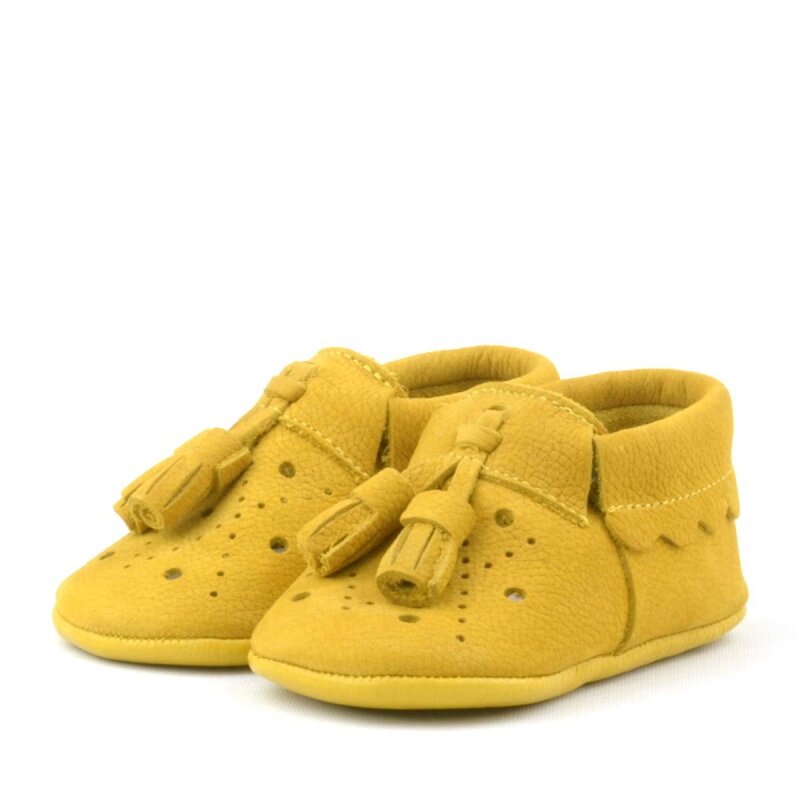 Peppa Genuine Leather Yellow Tasseled Elastic Baby Booties - 5