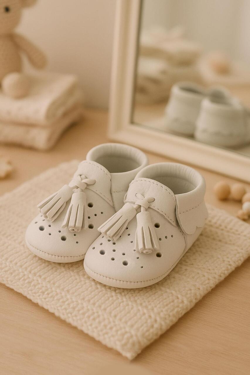 Peppa Genuine Leather White Tasseled Elastic Baby Booties - 1