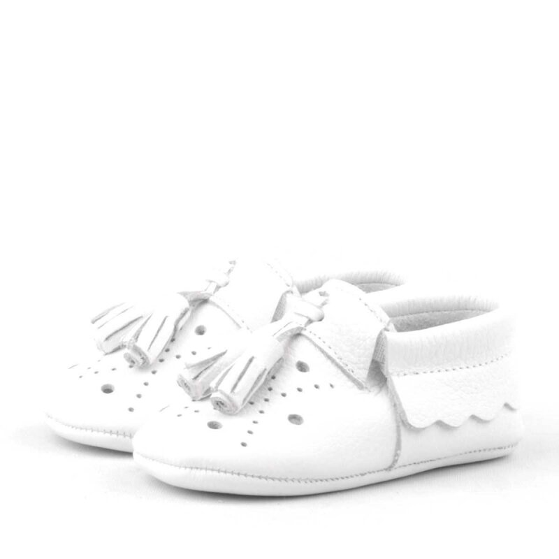 Peppa Genuine Leather White Tasseled Elastic Baby Booties - 4