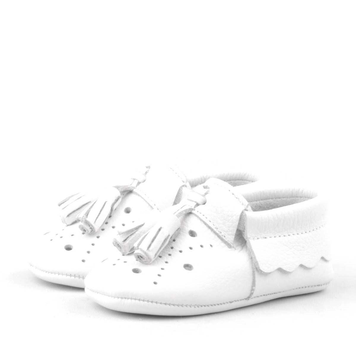 Peppa Genuine Leather White Tasseled Elastic Baby Booties - 4