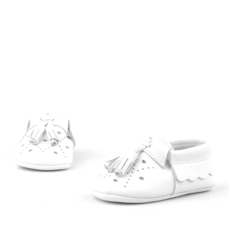 Peppa Genuine Leather White Tasseled Elastic Baby Booties - 5