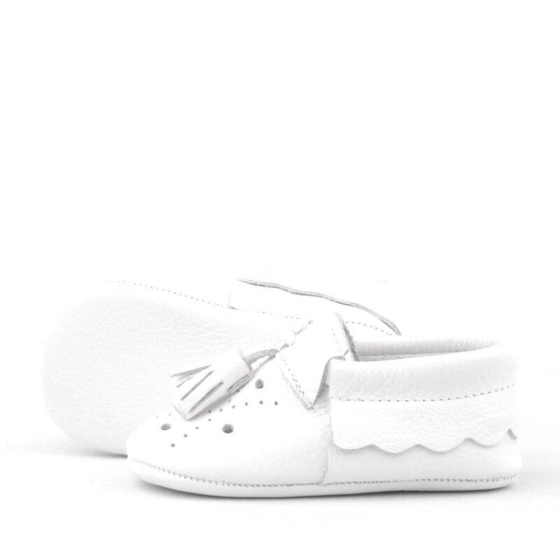 Peppa Genuine Leather White Tasseled Elastic Baby Booties - 6