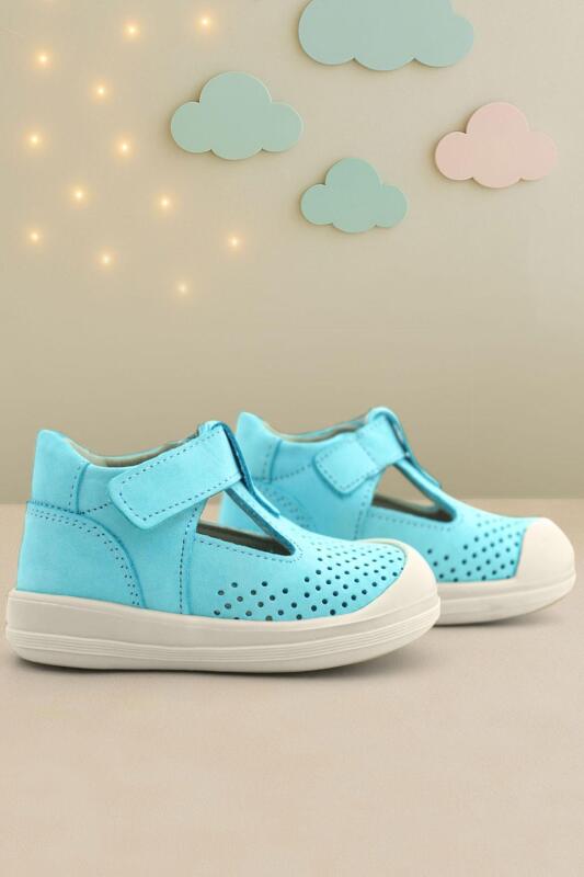 Rakerplus Shaun Hakiki Deri Mavi Beyaz Cırtlı Anatomik Bebek Sandalet - Rakerplus