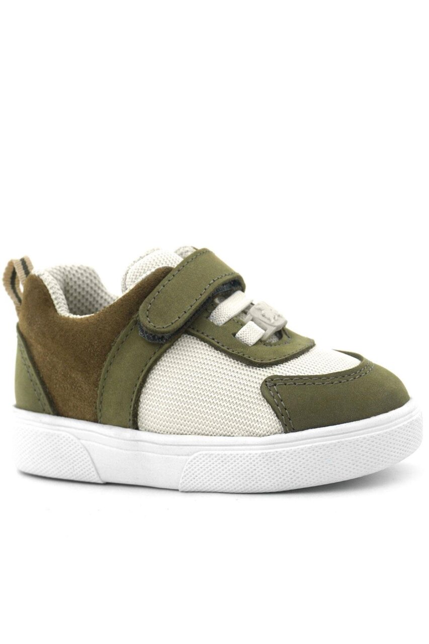Rakerplus Genuine Leather Khaki Green Cream Colored Velcro Baby Shoes - 2