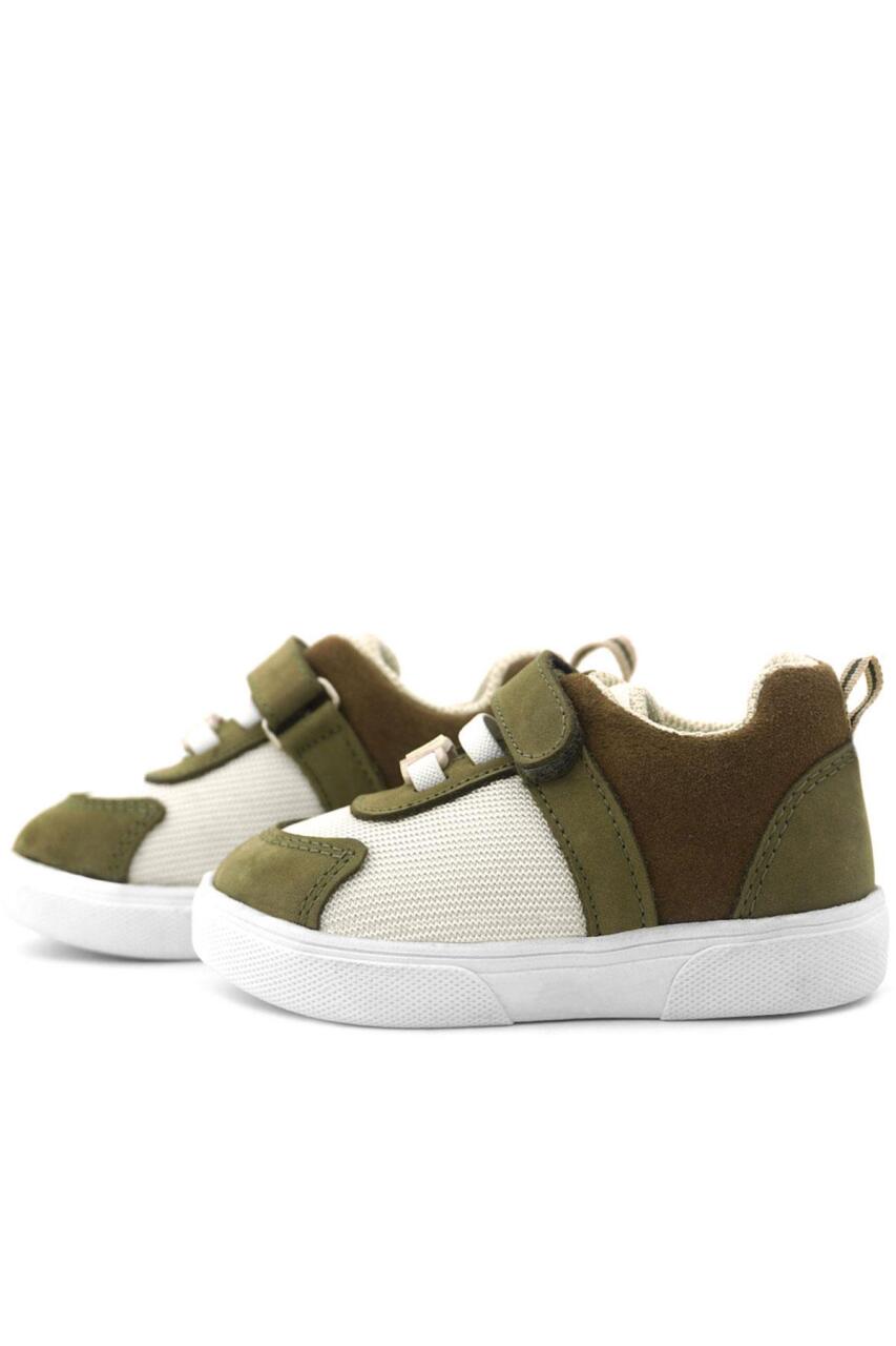 Rakerplus Genuine Leather Khaki Green Cream Colored Velcro Baby Shoes - 6