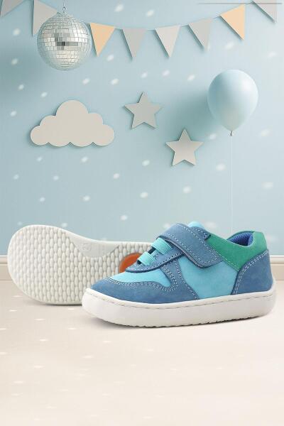 Rakerplus Bob Hakiki Deri Mavi Yeşil Barefoot Cırtlı Lastikli Bebek Sneaker Ayakkabı - Rakerplus