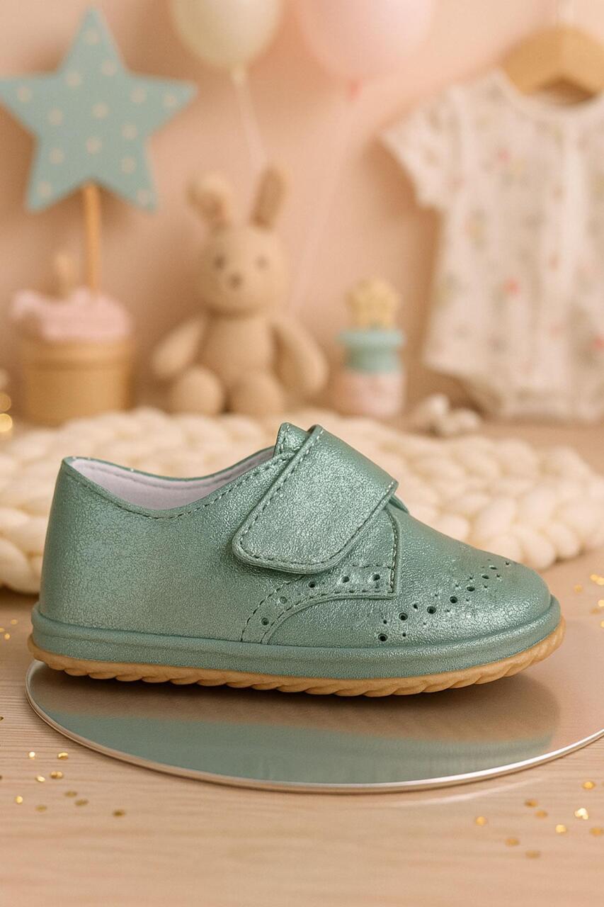 Genuine Leather Green Glitter Velcro Baby Bootie Shoes - 1