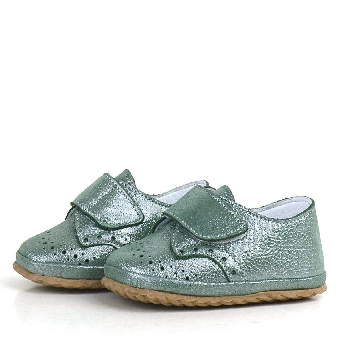 Genuine Leather Green Glitter Velcro Baby Bootie Shoes - 5