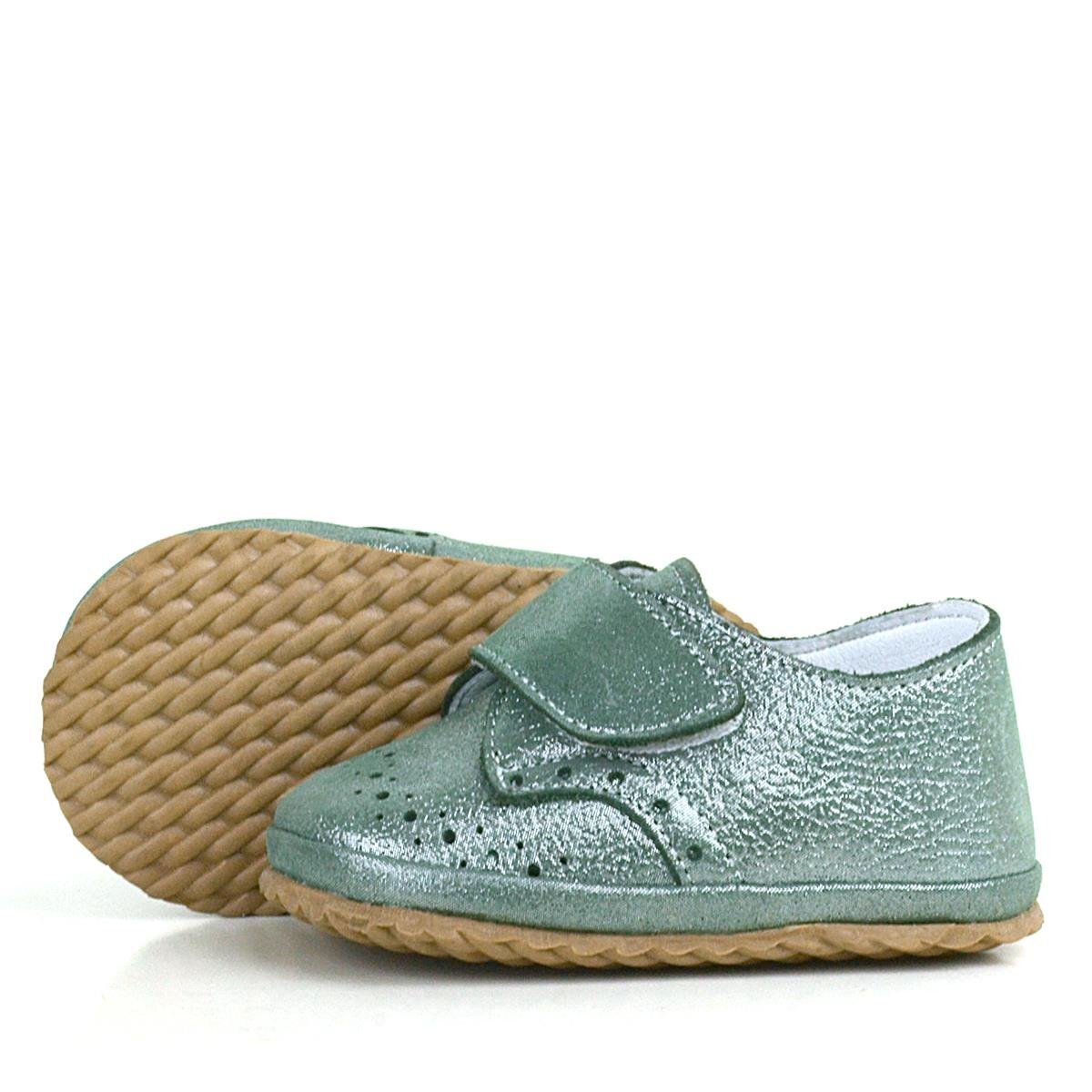 Genuine Leather Green Glitter Velcro Baby Bootie Shoes - 6