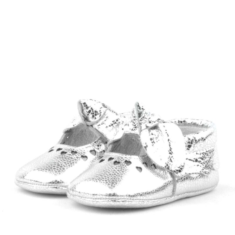 Coco Hakiki Deri Gümüş Fiyonklu Lastikli Bebek Patik - 4