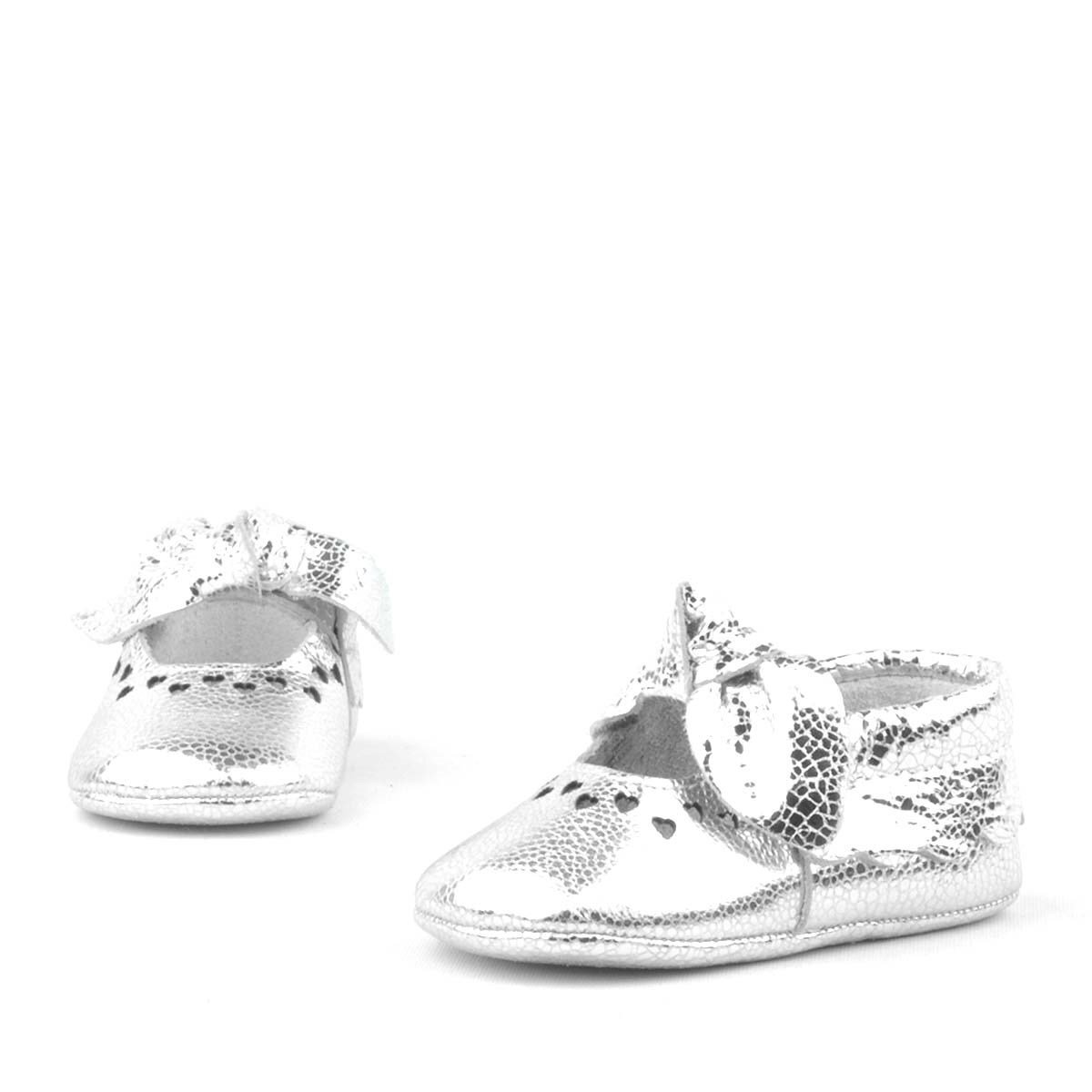 Coco Hakiki Deri Gümüş Fiyonklu Lastikli Bebek Patik - 5
