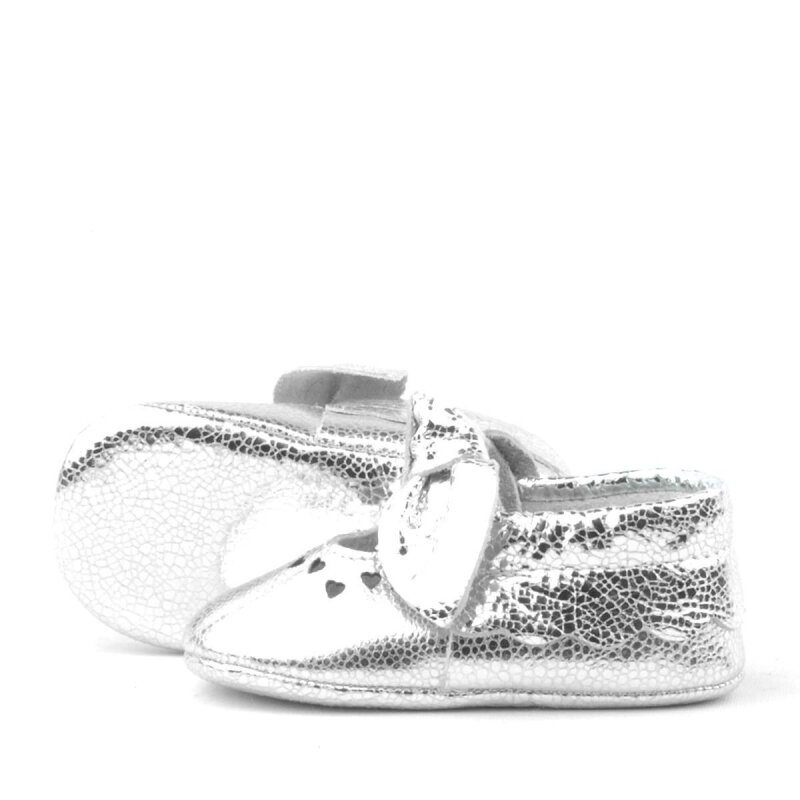 Coco Hakiki Deri Gümüş Fiyonklu Lastikli Bebek Patik - 6
