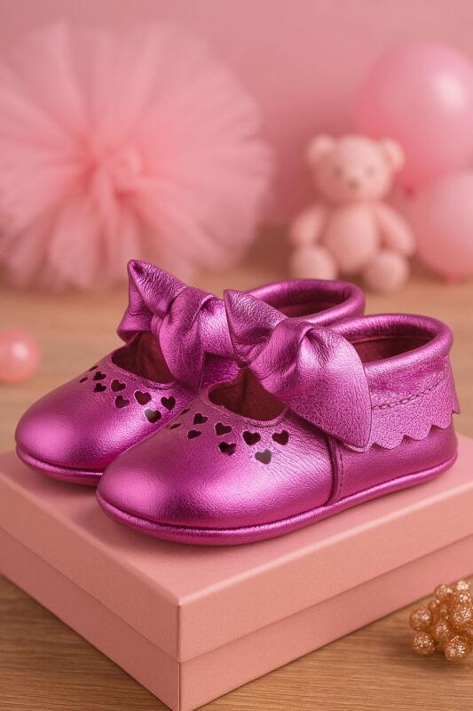 Coco Hakiki Deri Fuşya Fiyonklu Lastikli Bebek Patik - hapshoe kids