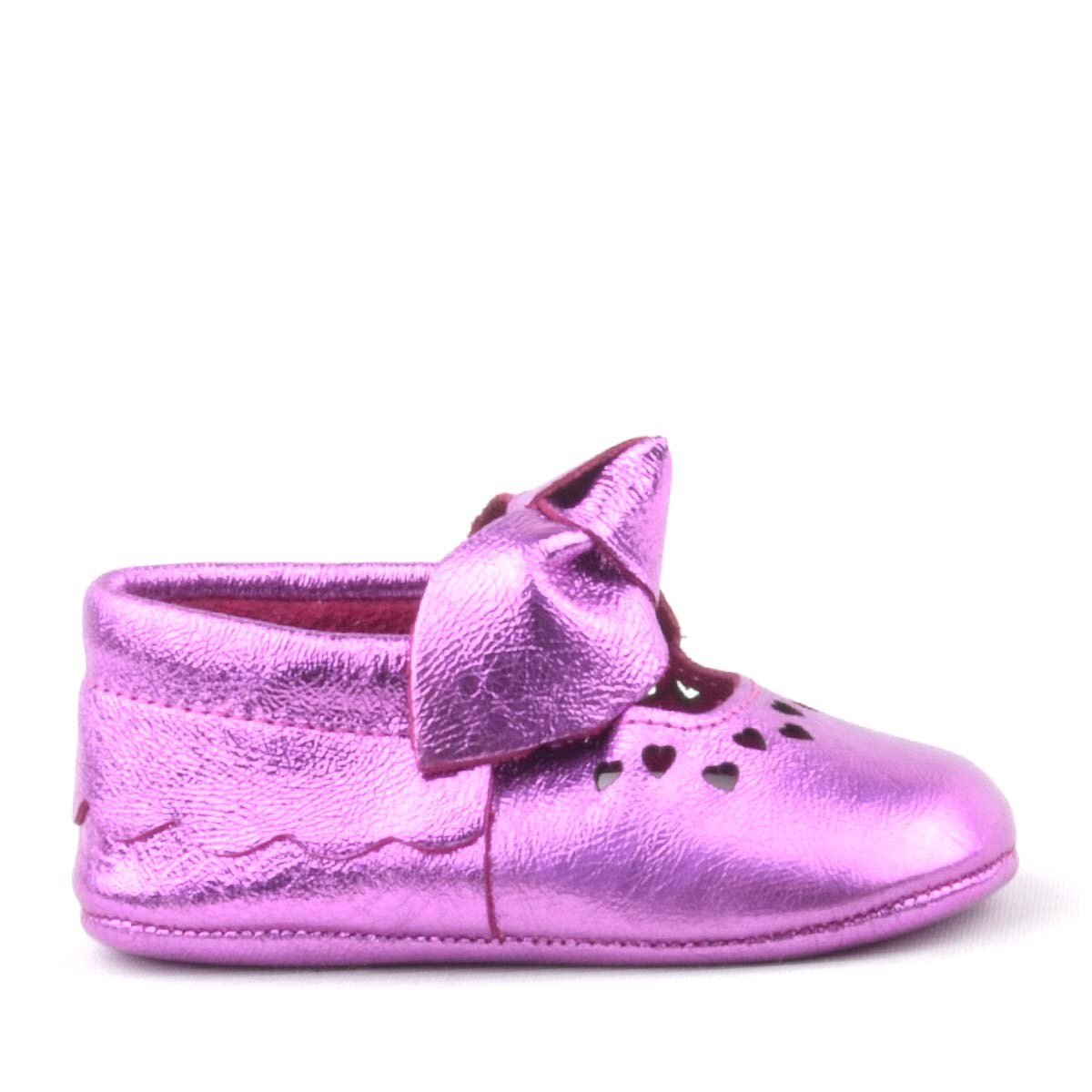 Coco Genuine Leather Fuchsia Bow Elasticated Baby Booties - 3