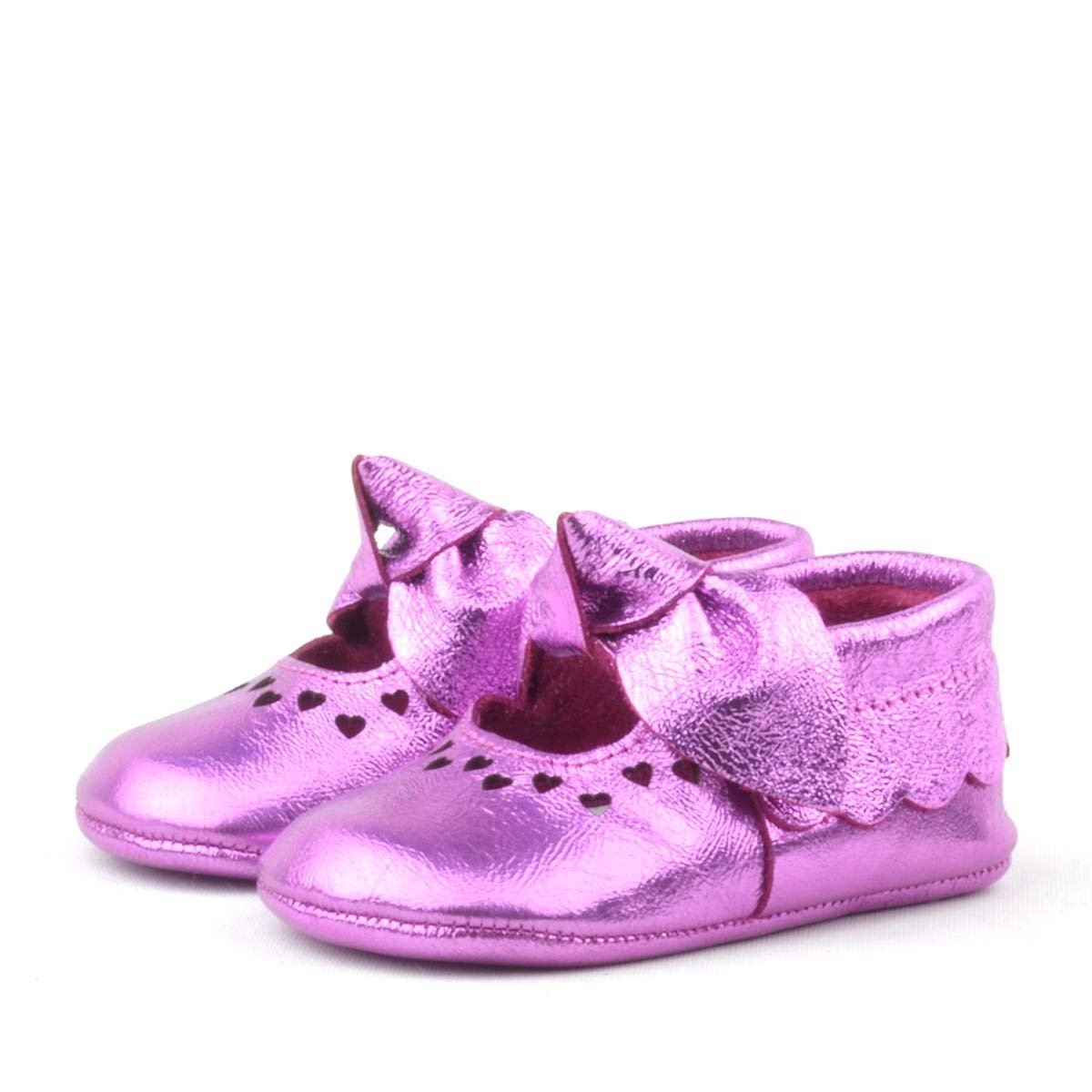 Coco Genuine Leather Fuchsia Bow Elasticated Baby Booties - 4