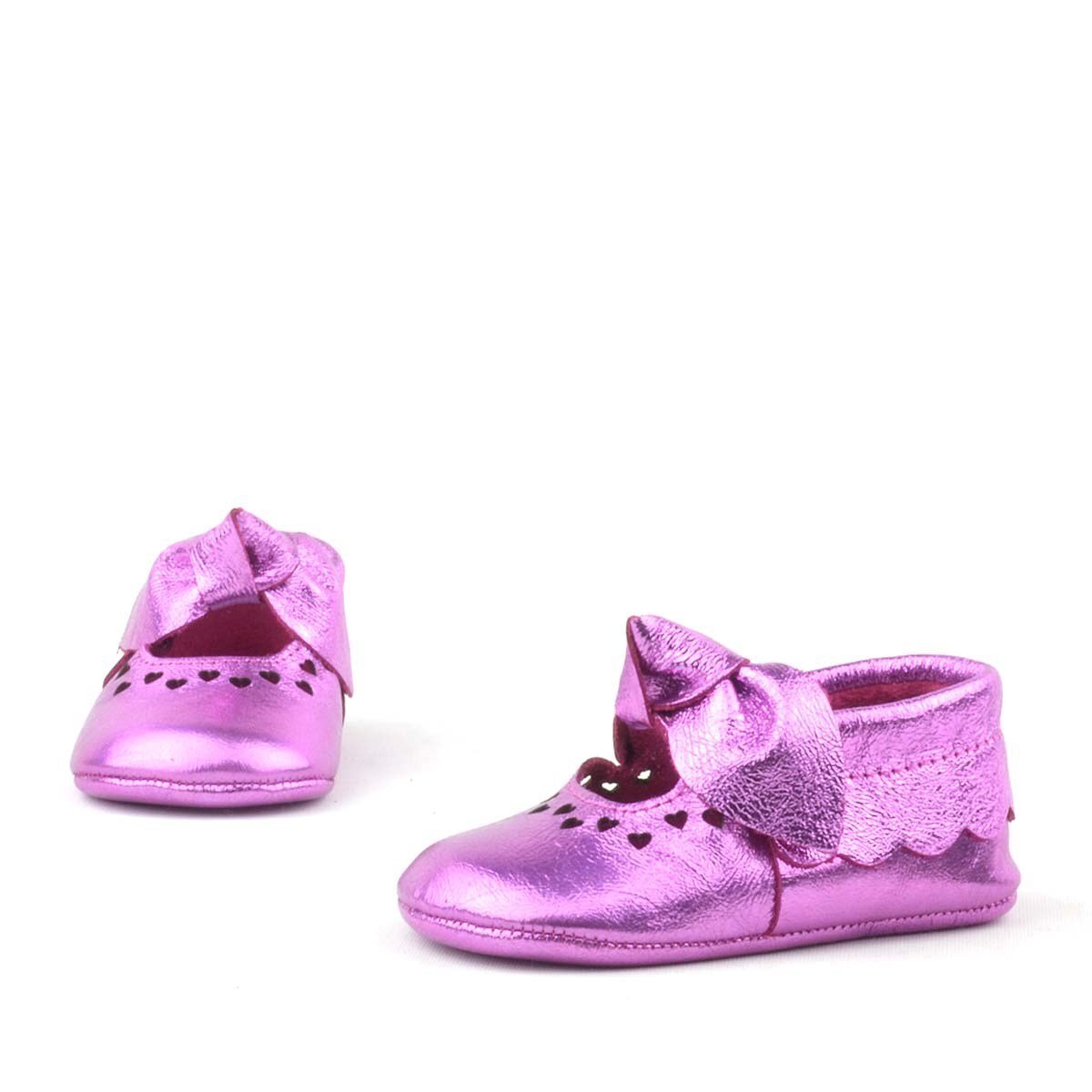 Coco Genuine Leather Fuchsia Bow Elasticated Baby Booties - 5