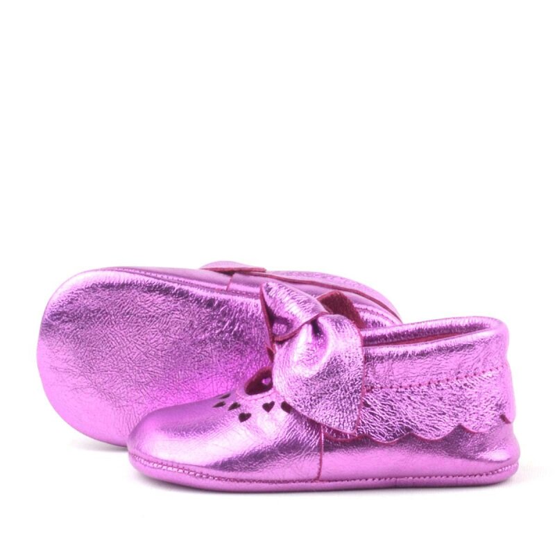 Coco Genuine Leather Fuchsia Bow Elasticated Baby Booties - 6