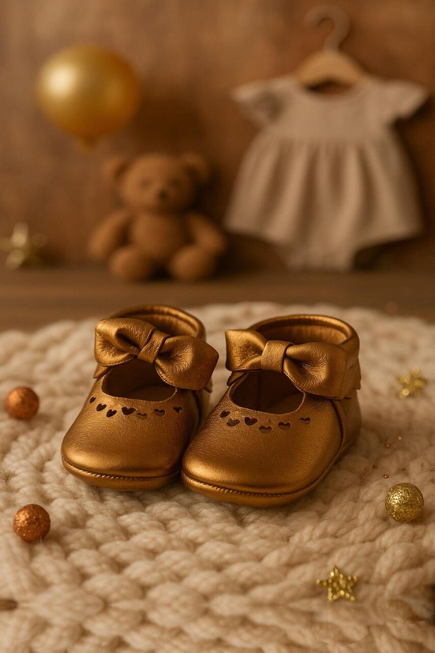 Coco Genuine Leather Baby Booties with Copper Bow and Elastic - 1
