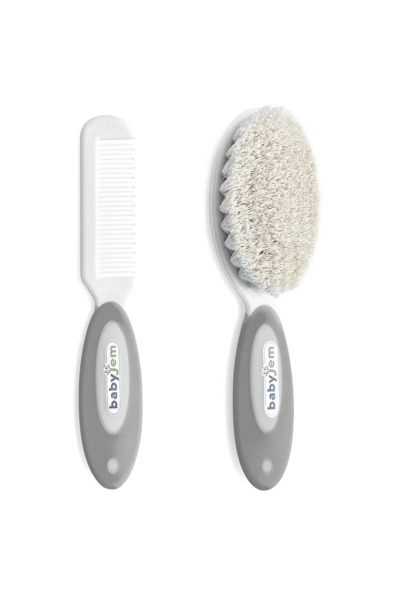 مجموعة فرشاة ومشط الشعر الطبيعي من بيبي جيم 519 رمادي - BabyJem