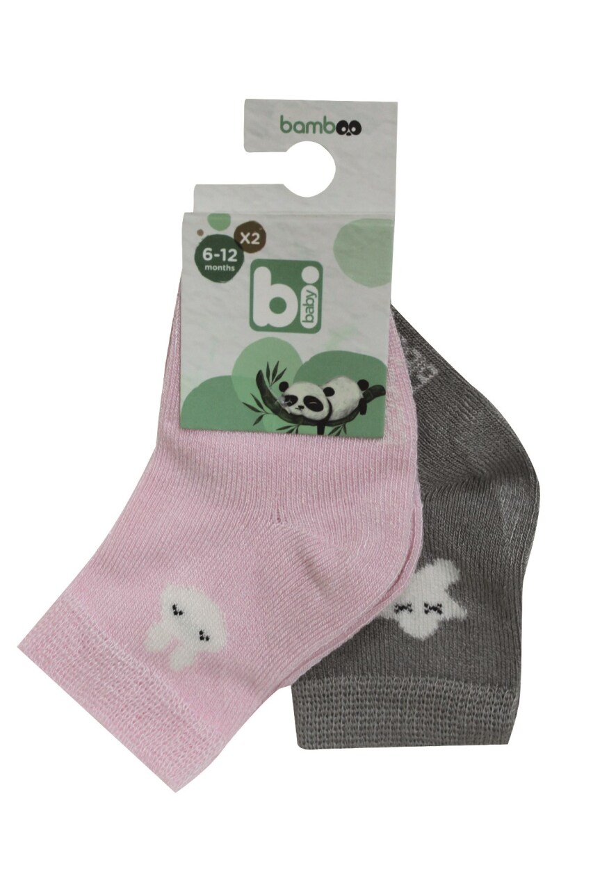 Bibaby Desenli Bamboo 2'Li Çorap 68384 Pembe Gri - 1