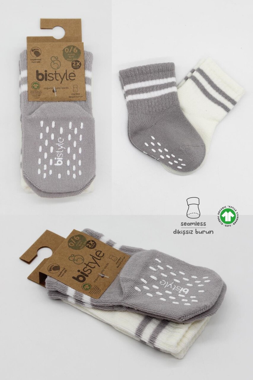 Bistyle 2'Li Çemberli Kaymaz Soket Çorap 10125 Gri Ekru - 5