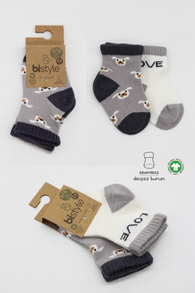 Bistyle 2'Li Love Dog Penye Soket Çorap 10118 Gri - 5