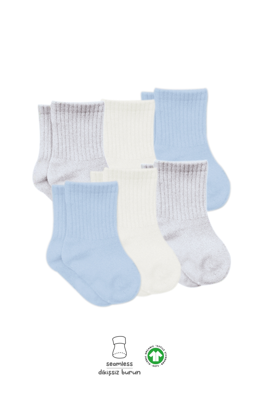 Bistyle Basic 6lı Penye Düz Soket Çorap BS6002 Mavi Ekru - 3