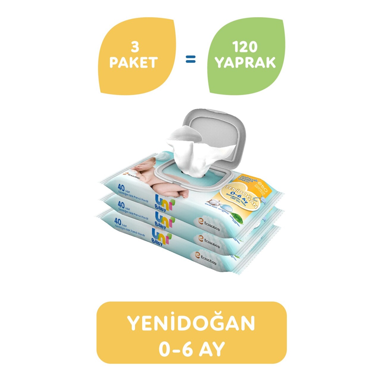 Uni Baby Yenidoğan Islak Havlu Mendil 3Lü 120 Yaprak - 2