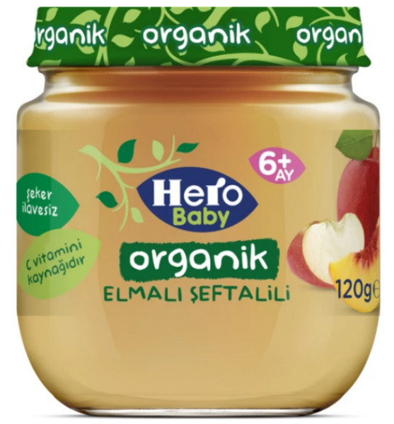 Hero Baby Organik Elma Şeftali Püresi Kavanoz Mama 120 Gr - Hero Baby