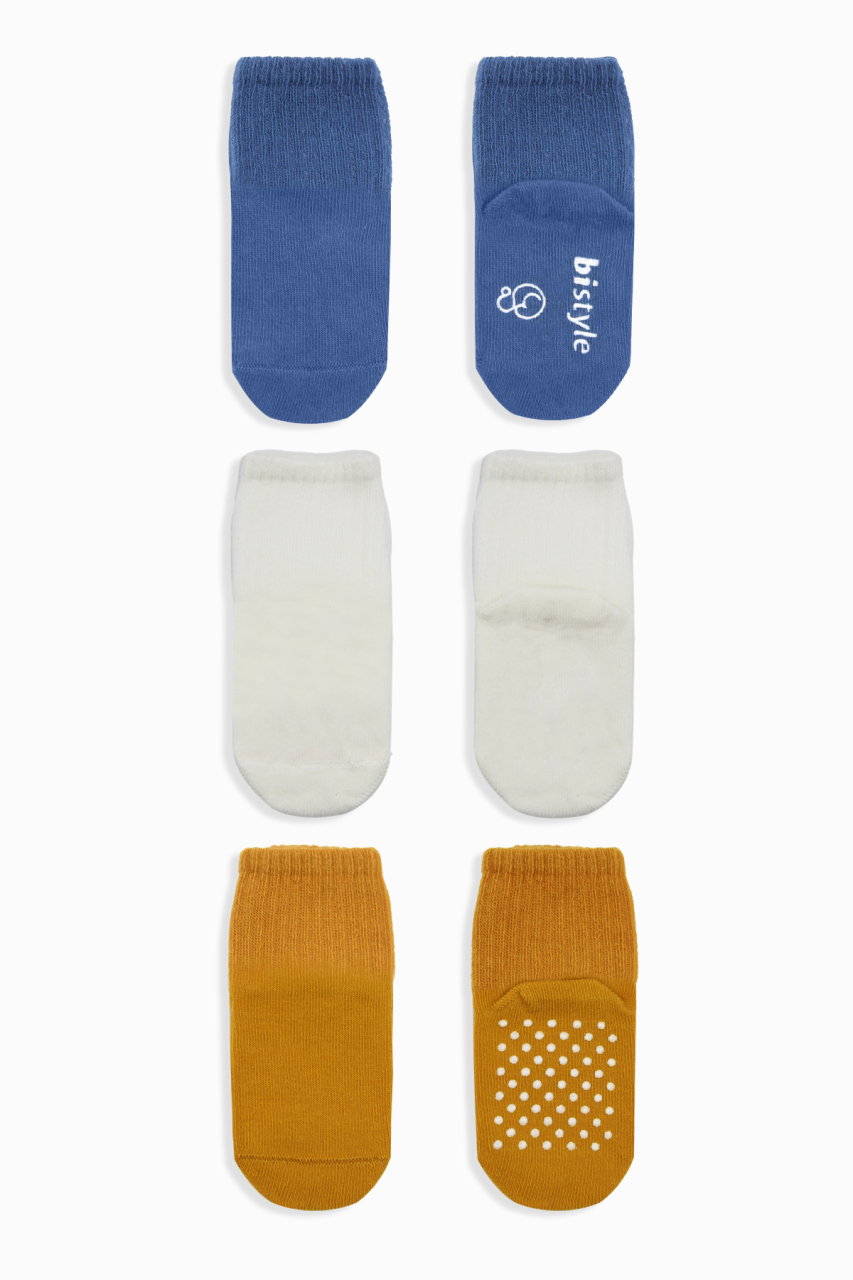 Bistyle 3'Lü Basic Kaymaz Penye Soket Çorap 10107 İndigo Ekru Hardal - 2