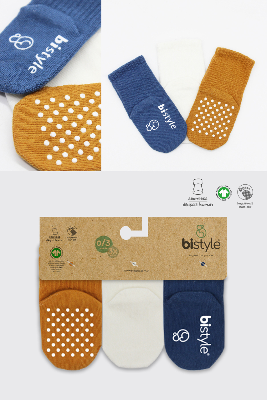 Bistyle 3'Lü Basic Kaymaz Penye Soket Çorap 10107 İndigo Ekru Hardal - 7