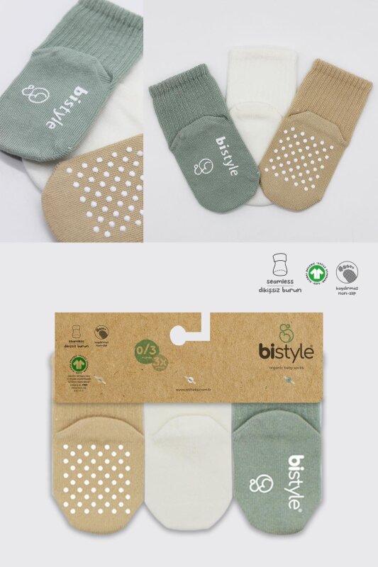 Bistyle 3'Lü Basic Kaymaz Penye Soket Çorap 10107 Nil Ekru Bej - 6
