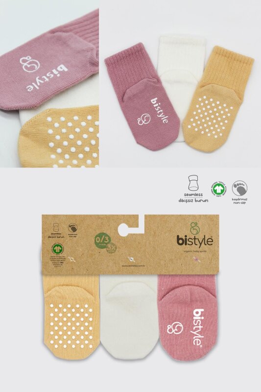 Bistyle 3'Lü Basic Kaymaz Penye Soket Çorap 10107 Pudra Ekru Somon - 6
