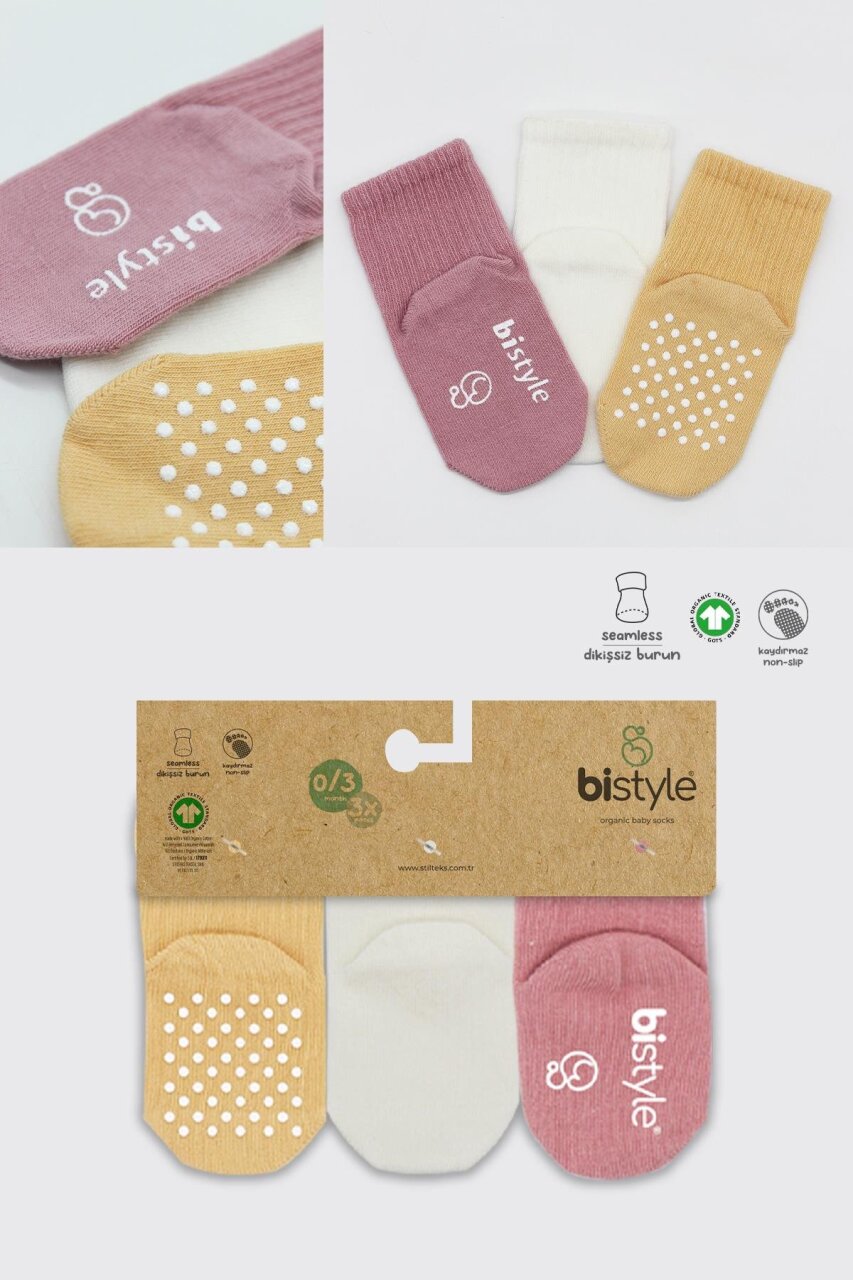 Bistyle 3'Lü Basic Kaymaz Penye Soket Çorap 10107 Pudra Ekru Somon - 6