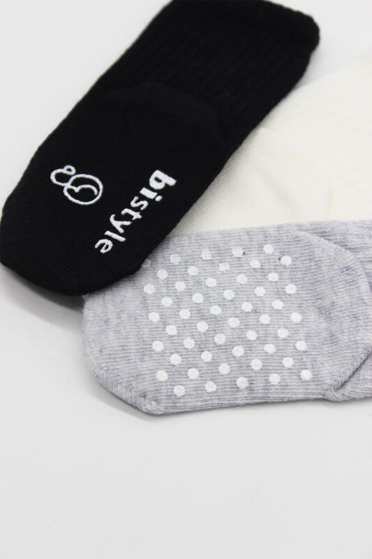 Bistyle 3'Lü Basic Kaymaz Penye Soket Çorap 10107 Siyah Ekru Gri - 3