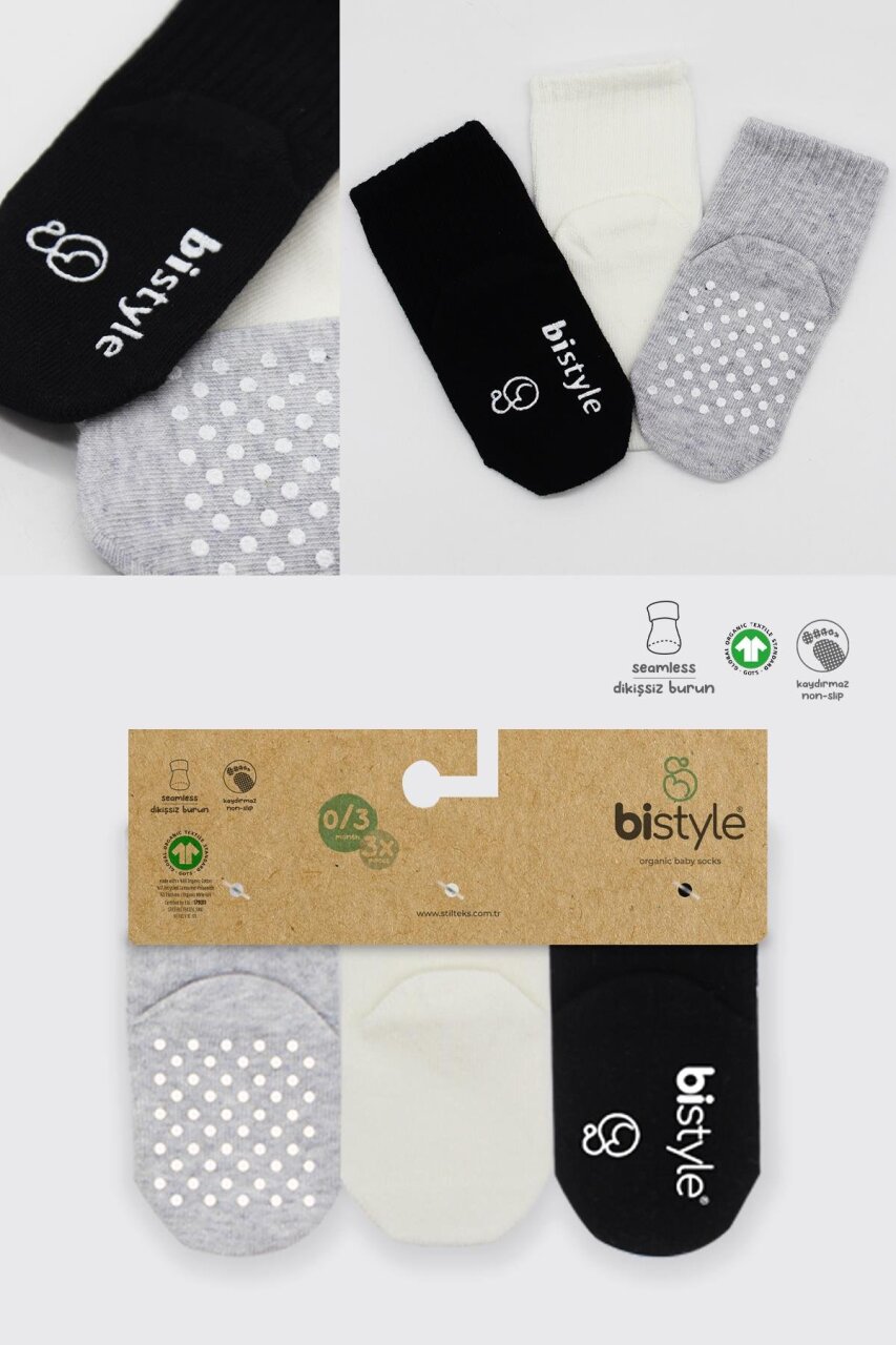 Bistyle 3'Lü Basic Kaymaz Penye Soket Çorap 10107 Siyah Ekru Gri - 6