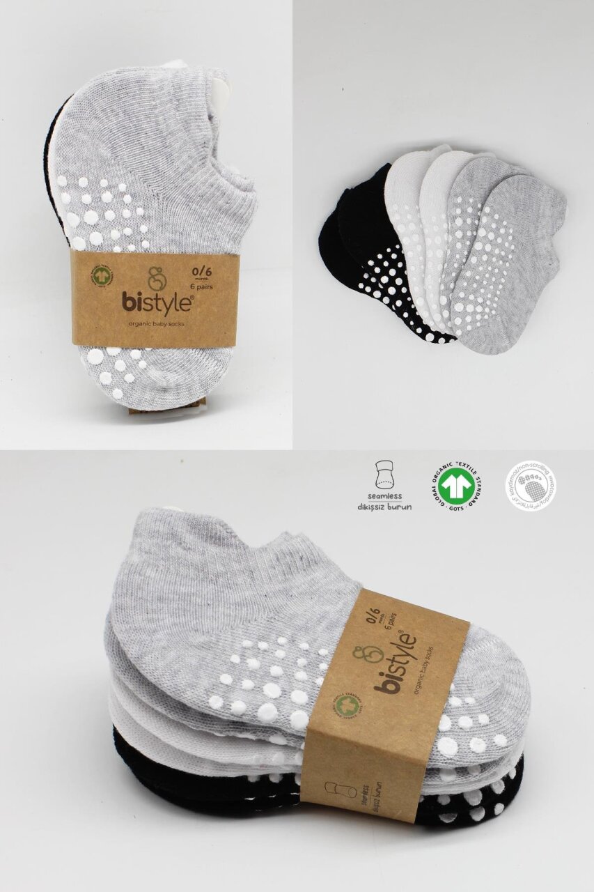 Bistyle 6'Lı Sneakers Kaymaz Penye Çorap 20102 Gri Beyaz Siyah - 6