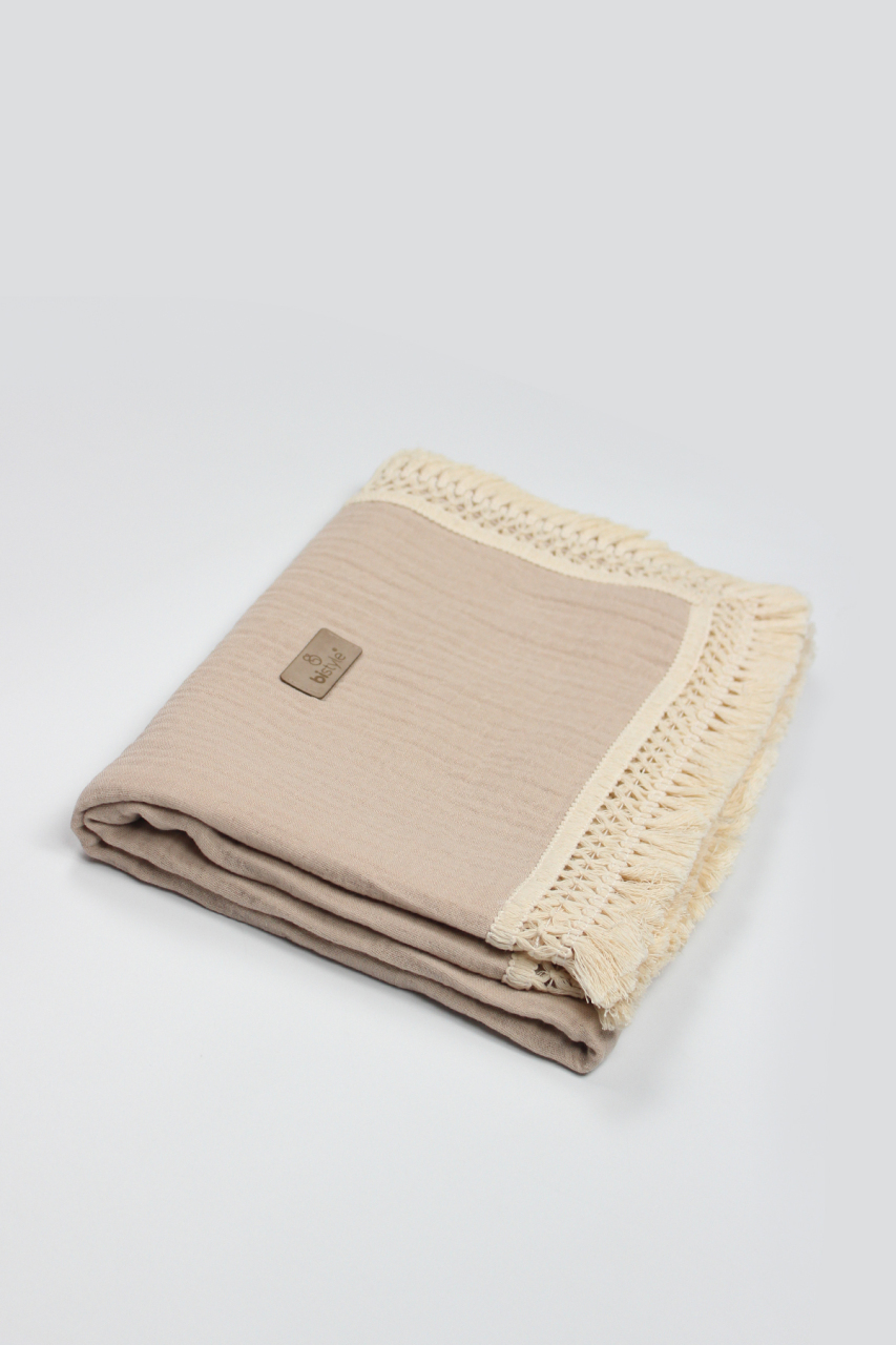 بطانية موسلين عضوية من بيستايل، مقاس 80×90، مزخرفة بخطوط صدفية، لون بيج، 70112 - 4