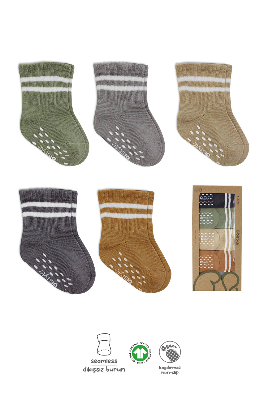 جوارب دائرية مانعة للانزلاق من القطن الممشط من بيستايل، عبوة من 5 قطع، 10122 بيج - 1
