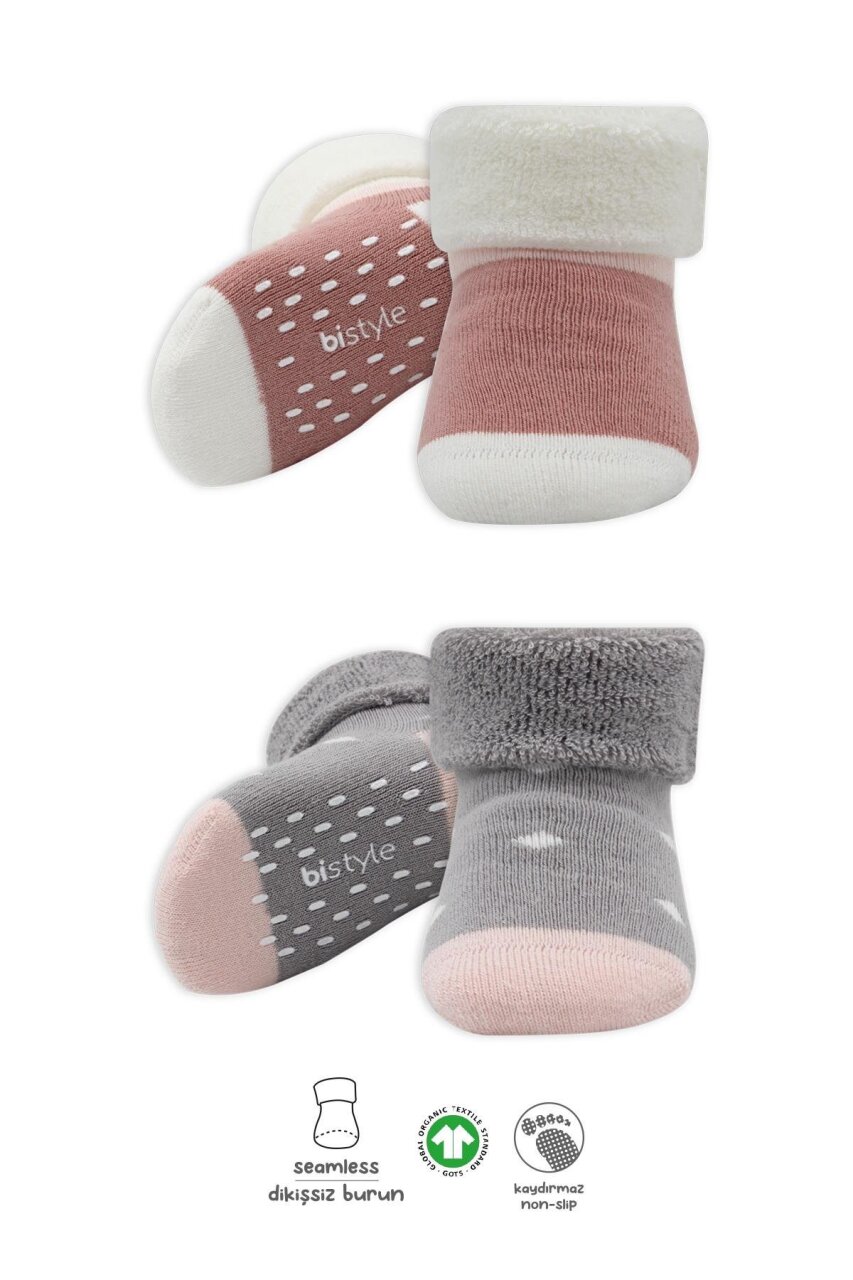 جوارب كاحل منفوشة غير قابلة للانزلاق منقطة ثنائية النمط، عبوة من قطعتين، BS10502، رمادي بودرة - 1