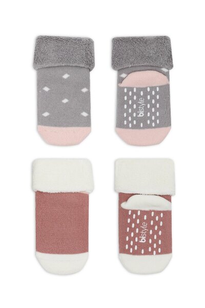 جوارب كاحل منفوشة غير قابلة للانزلاق منقطة ثنائية النمط، عبوة من قطعتين، BS10502، رمادي بودرة - 2