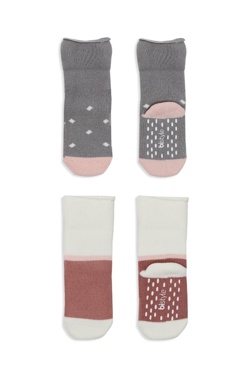 جوارب كاحل منفوشة غير قابلة للانزلاق منقطة ثنائية النمط، عبوة من قطعتين، BS10502، رمادي بودرة - 3