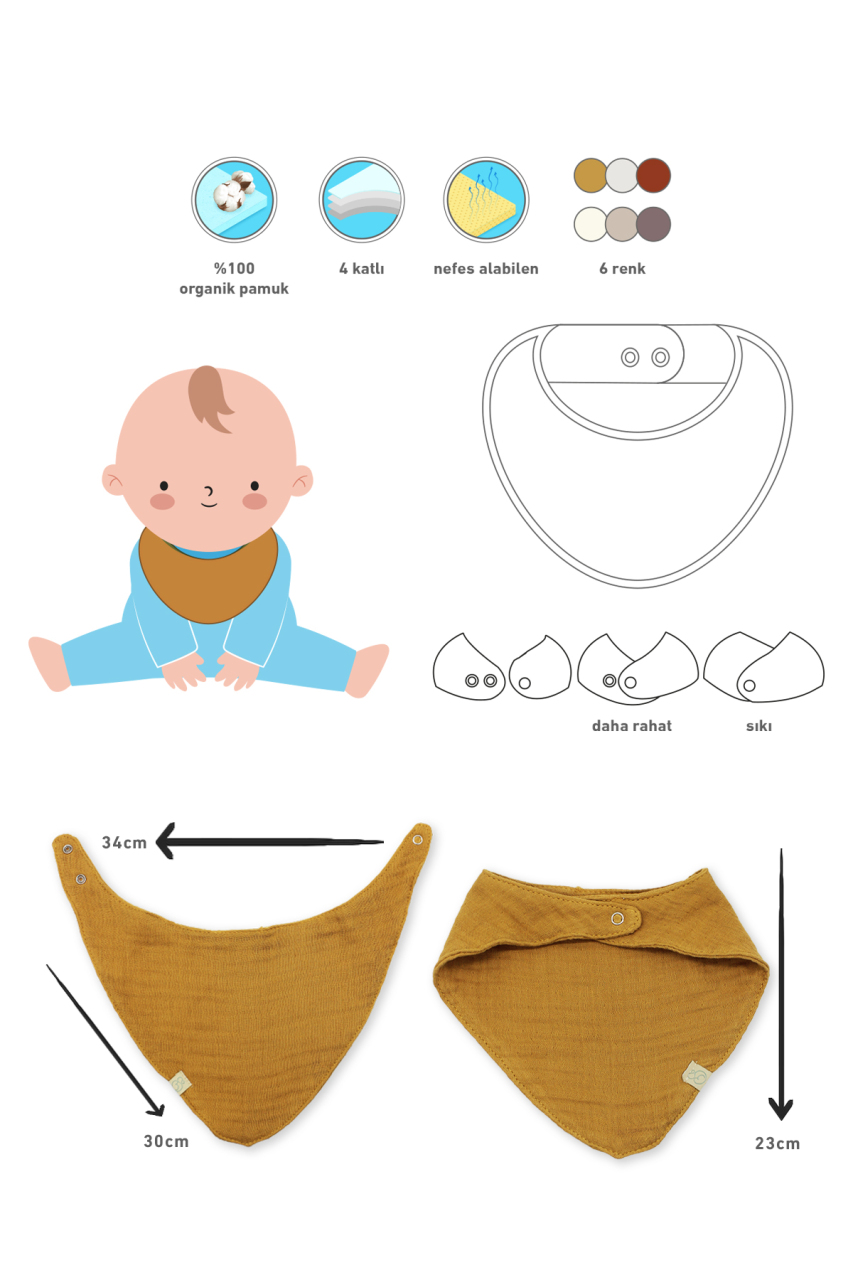 مريلة وشاح موسلين ثنائية التصميم، 3 قطع، BS60102، لون بيج، خردل - 2