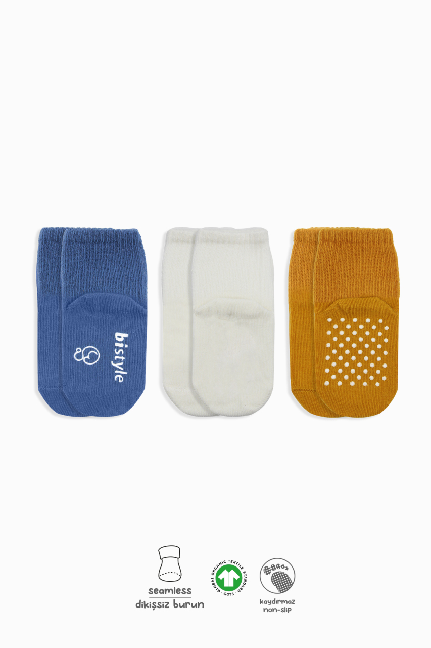Bistyle Basic Kaymaz Penye Soket Çorap 3'Lü BS10106 İndigo Ekru Hardal - 1