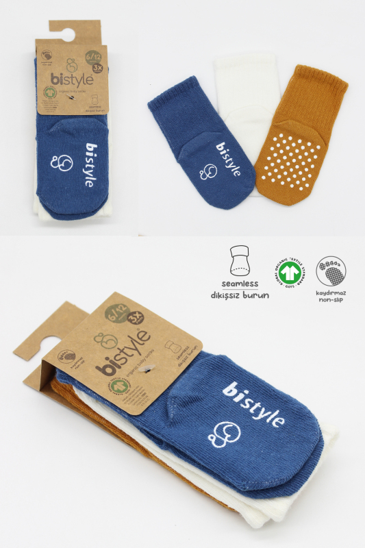 Bistyle Basic Kaymaz Penye Soket Çorap 3'Lü BS10106 İndigo Ekru Hardal - 7